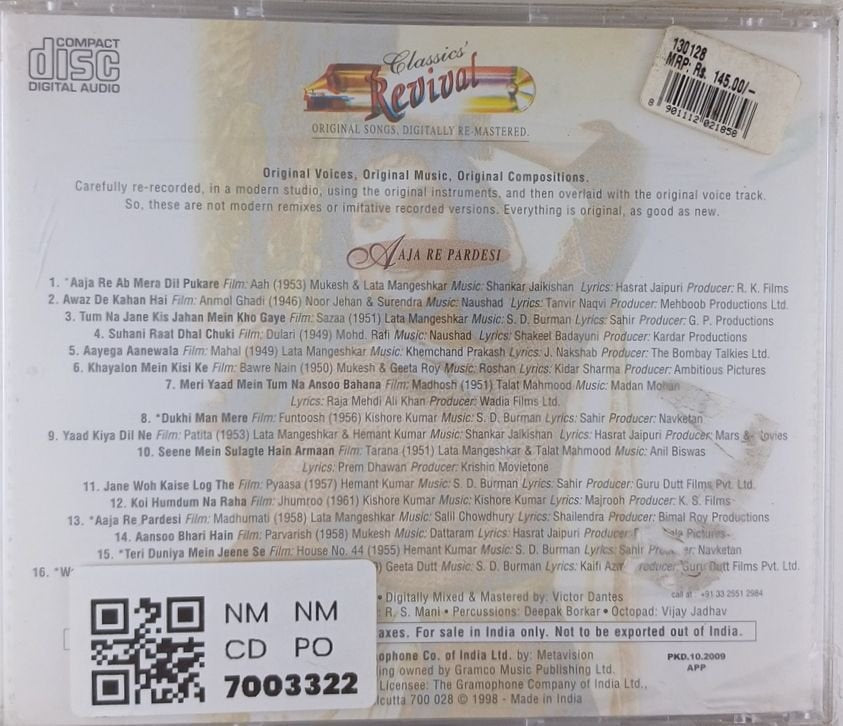 Shankar Jaikishan, Naushad, S. D. Burman, Naushad, Chitalkar, Geeta Roy, Madan Mohan, Kishore Kumar, Laxmikant Pyarelal, Hemant Kumar, Kishore Kumar, Talat Mahmood, O.P. Nayyar, Kalyanji Anandji - Aaja Re Pardesi (CD)