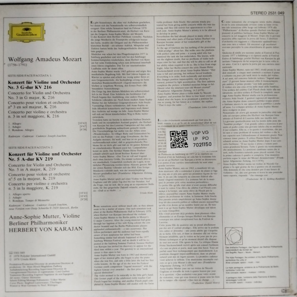 Wolfgang Amadeus Mozart, Anne-Sophie Mutter, Berliner Philharmoniker, Herbert von Karajan - Violin Concertos No.3 G-dur (G Major) KV216, No.5 A-dur (A Major) KV219 (Vinyl)