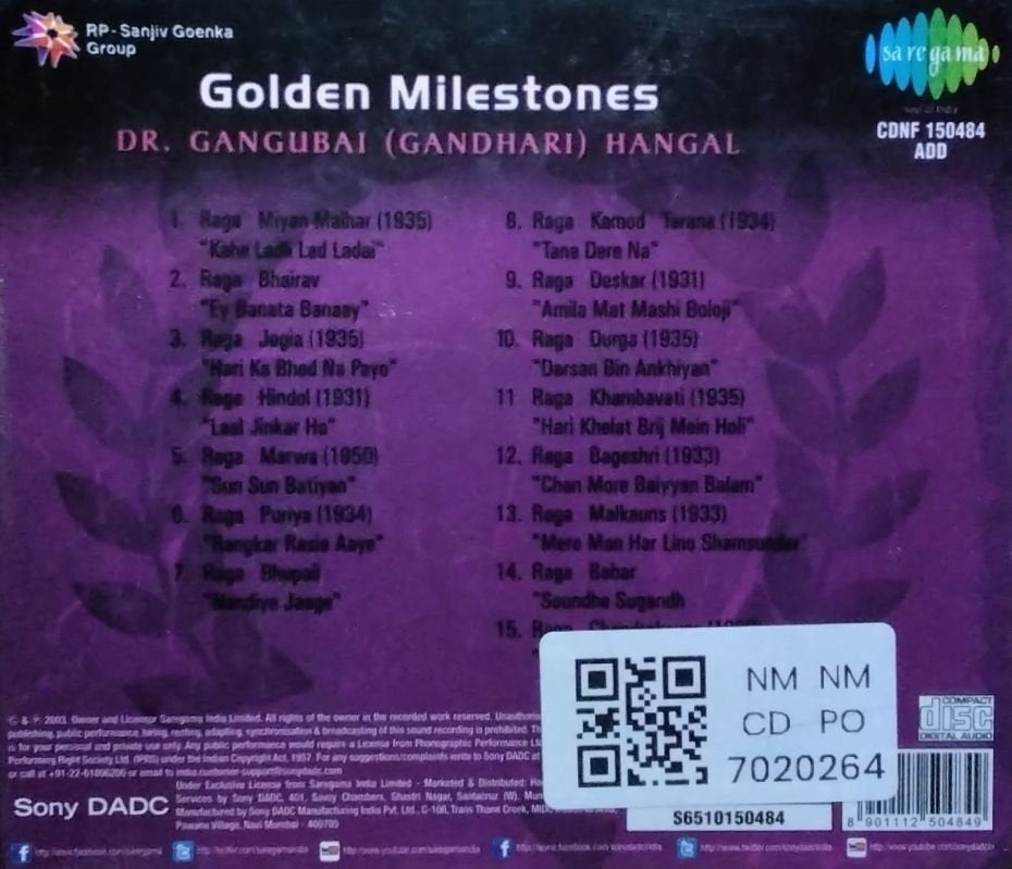 Dr. Gangubai Hangal - Golden Milestones (CD)