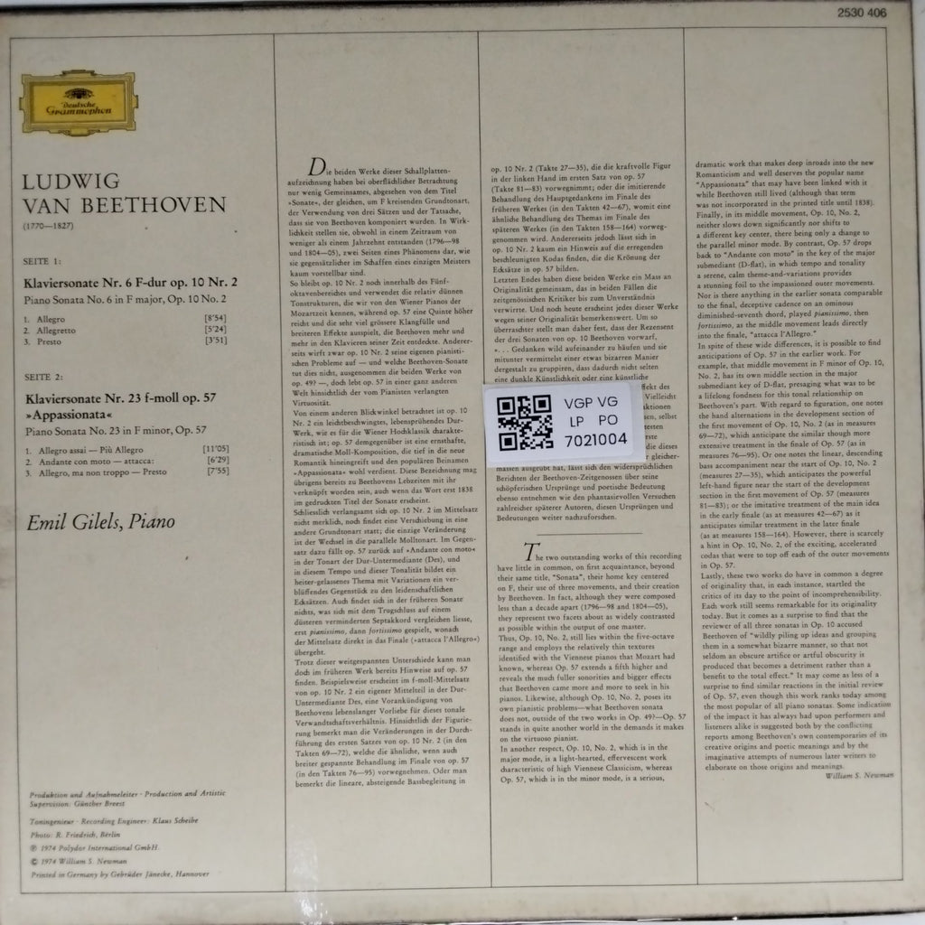 Emil Gilels - Appassionata op.57, Sonata op.10 Nr.2 (Vinyl)