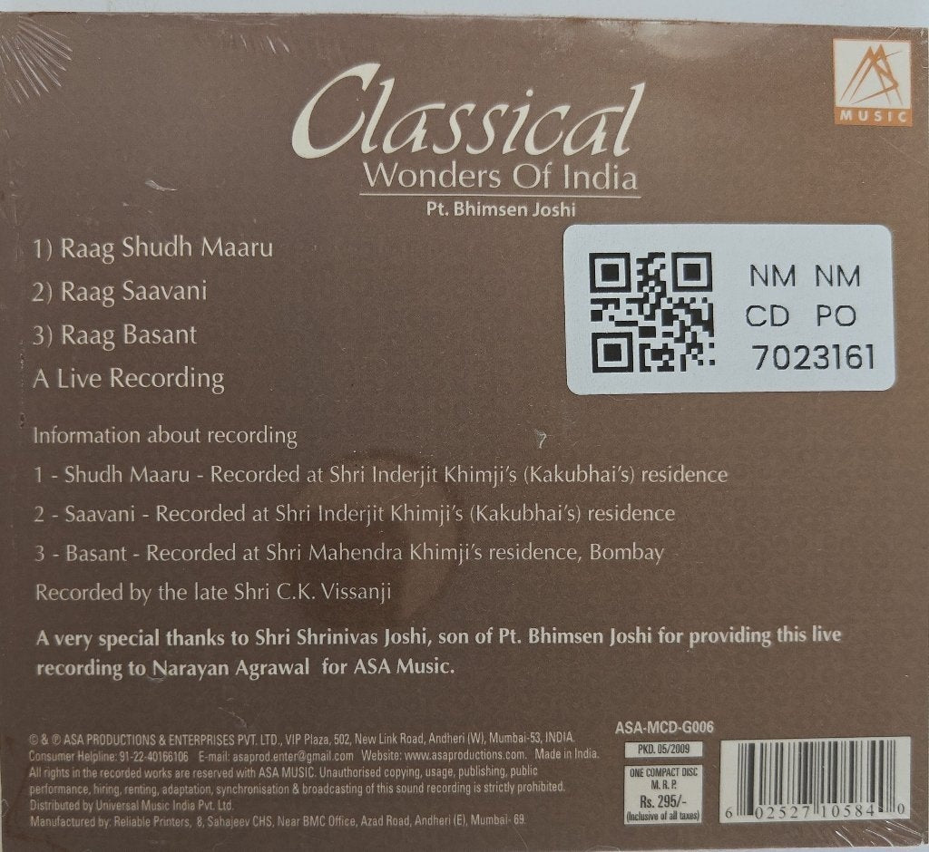 Pt. Bhimsen Joshi - Classical Wonders Of India (CD)