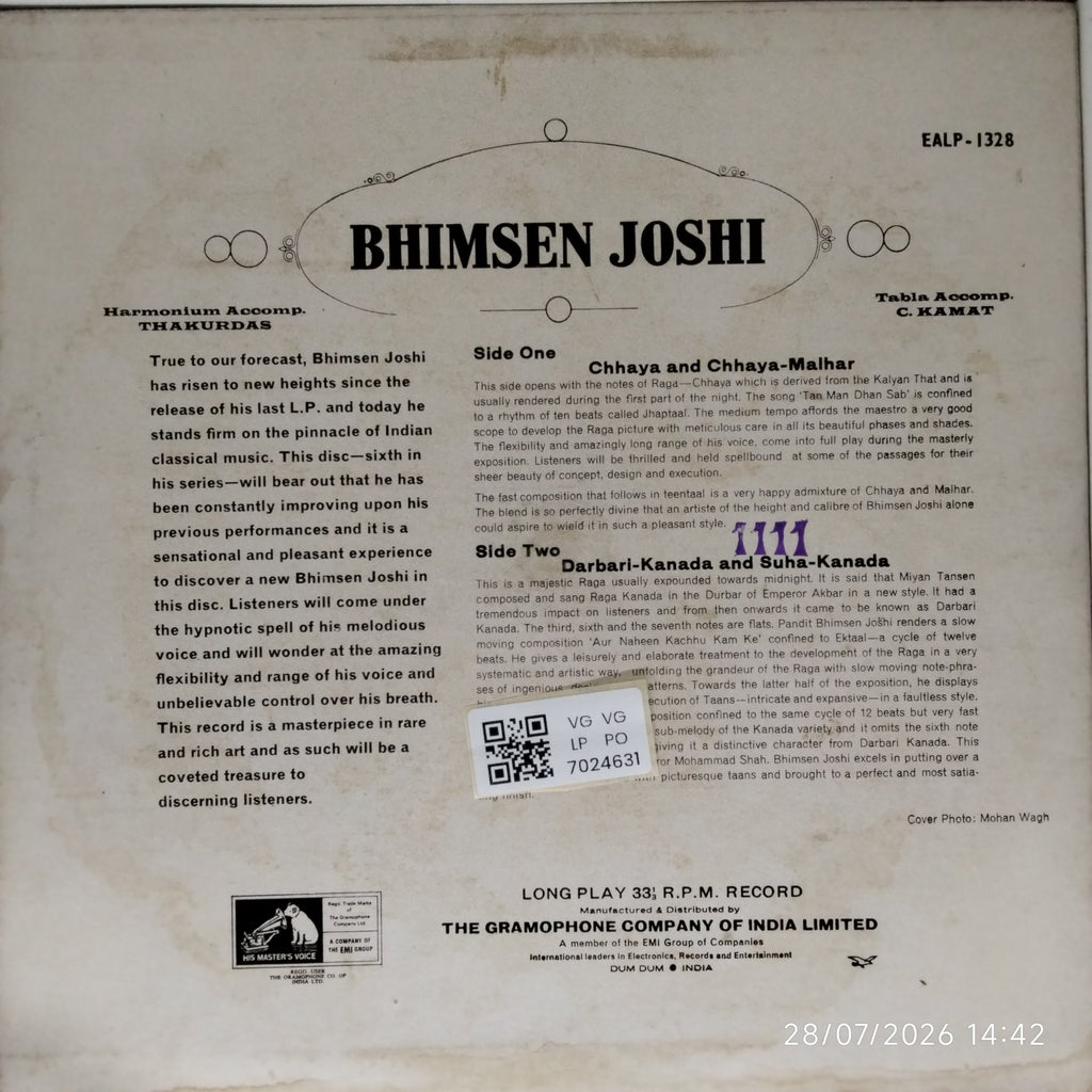 Bhimsen Joshi - Raga - Chhaya and Chhaya-Malhar / Raga - Darbari-Kanada and Suha-Kanada (Vinyl)