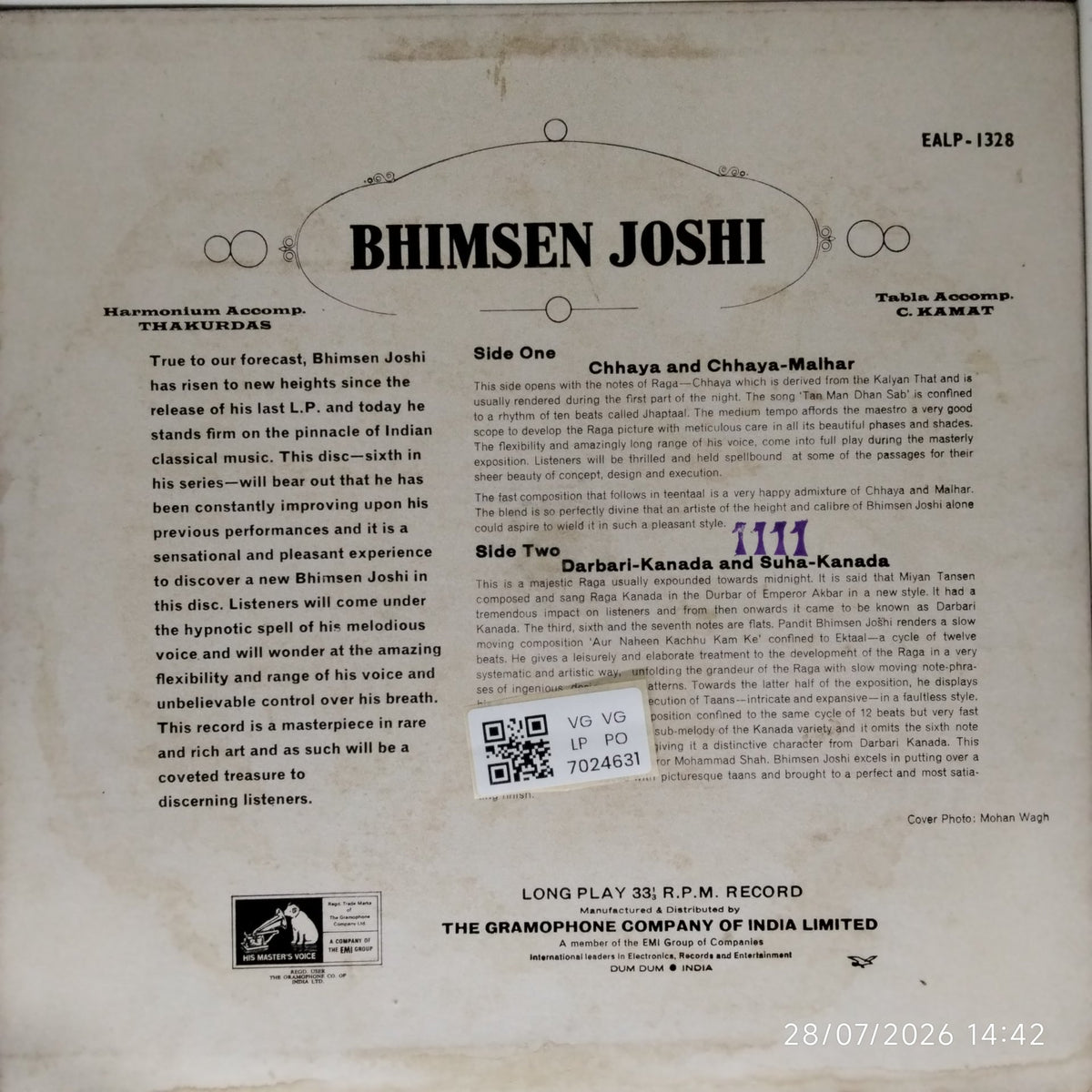 Bhimsen Joshi - Raga - Chhaya and Chhaya-Malhar / Raga - Darbari-Kanada and Suha-Kanada (Vinyl)