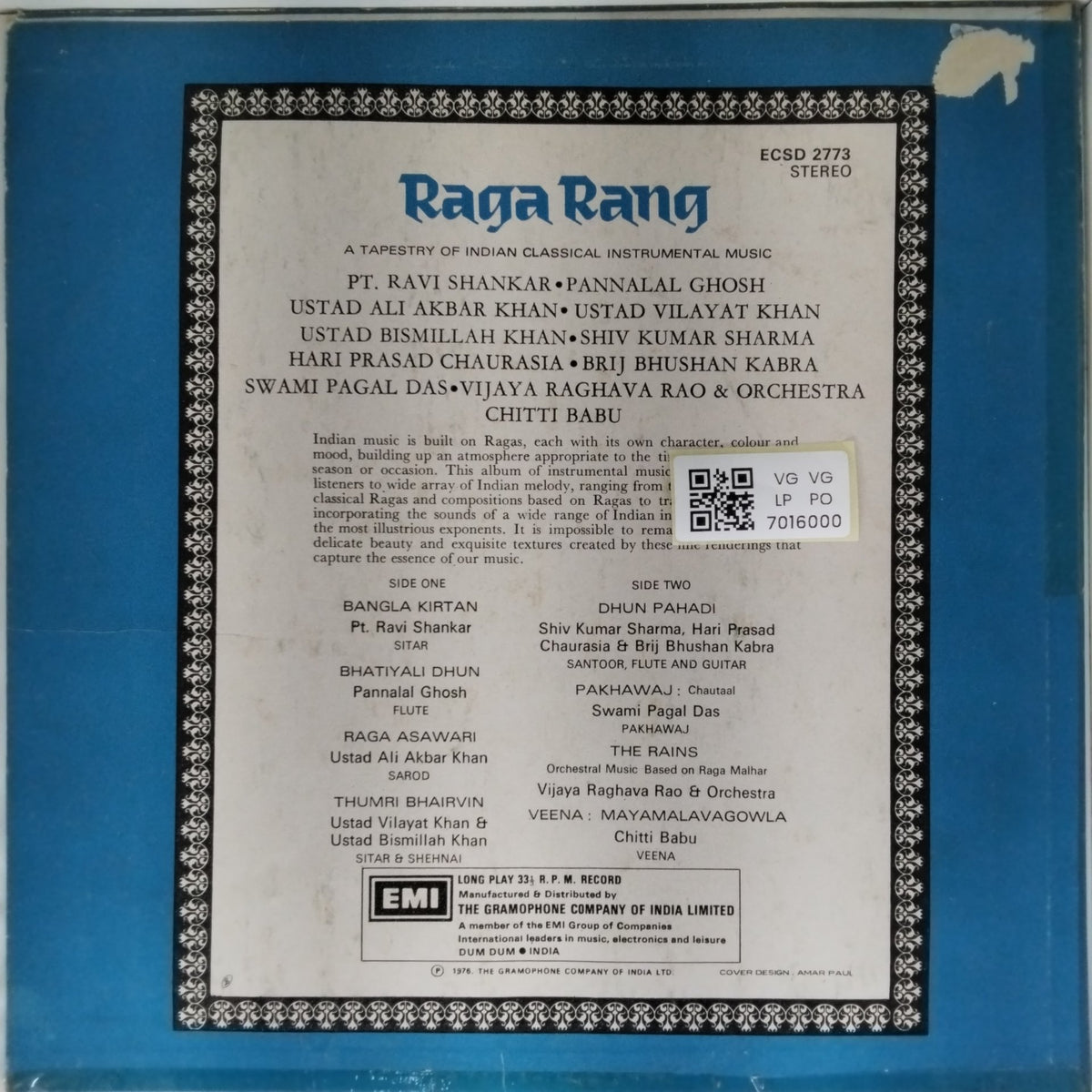 Ravi Shankar, Pannalal Ghosh, Ali Akbar Khan, Vilayat Khan, Bismillah Khan, Shiv Kumar Sharma, Hari Prasad Chaurasia, Brij Bhushan Kabra, Swami Pagal Das, Vijaya Raghava Rao, Orchestra, Chitti Babu - Raga Rang (Vinyl)