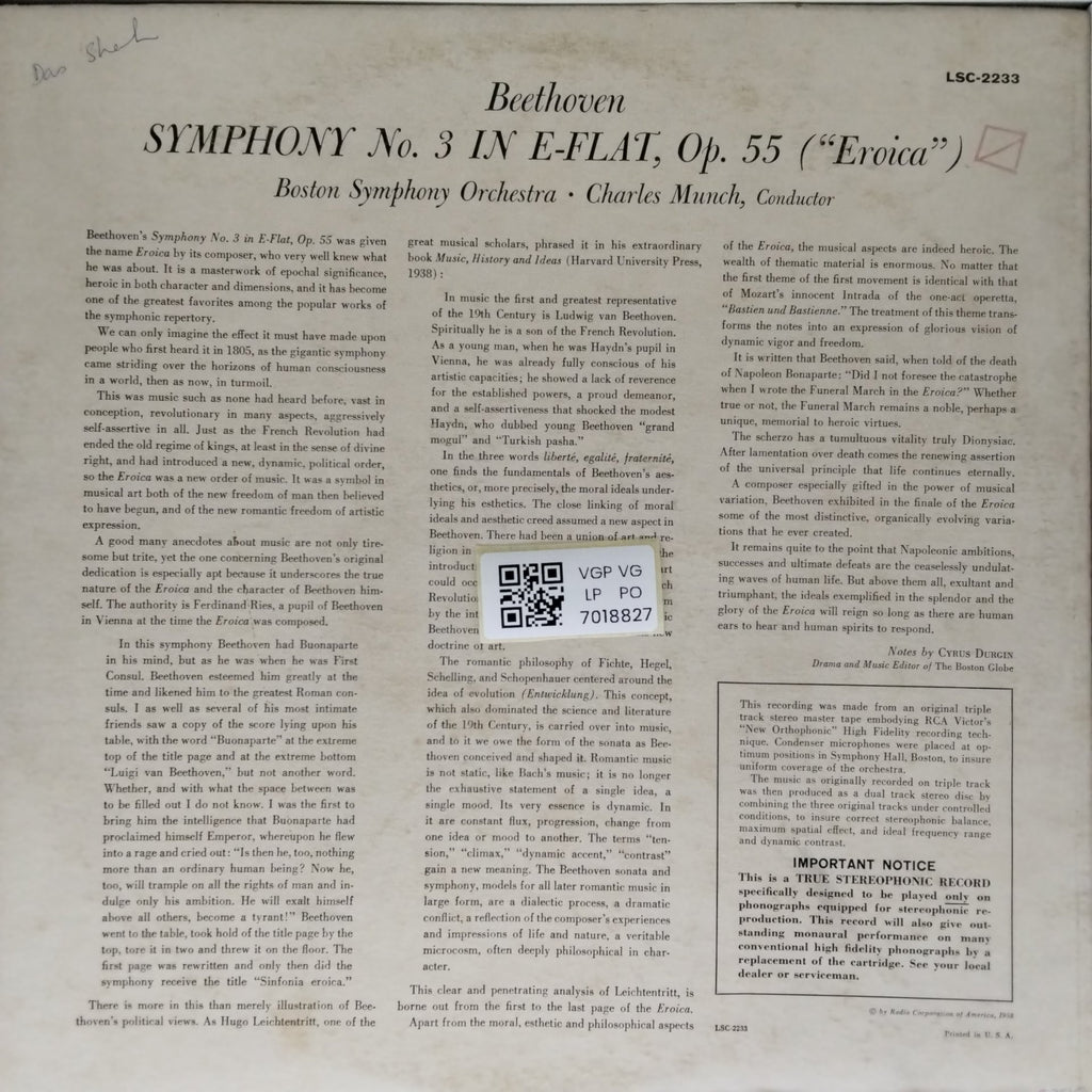 Boston Symphony Orchestra, Charles Munch - Beethoven Eroica Symphony (Vinyl)