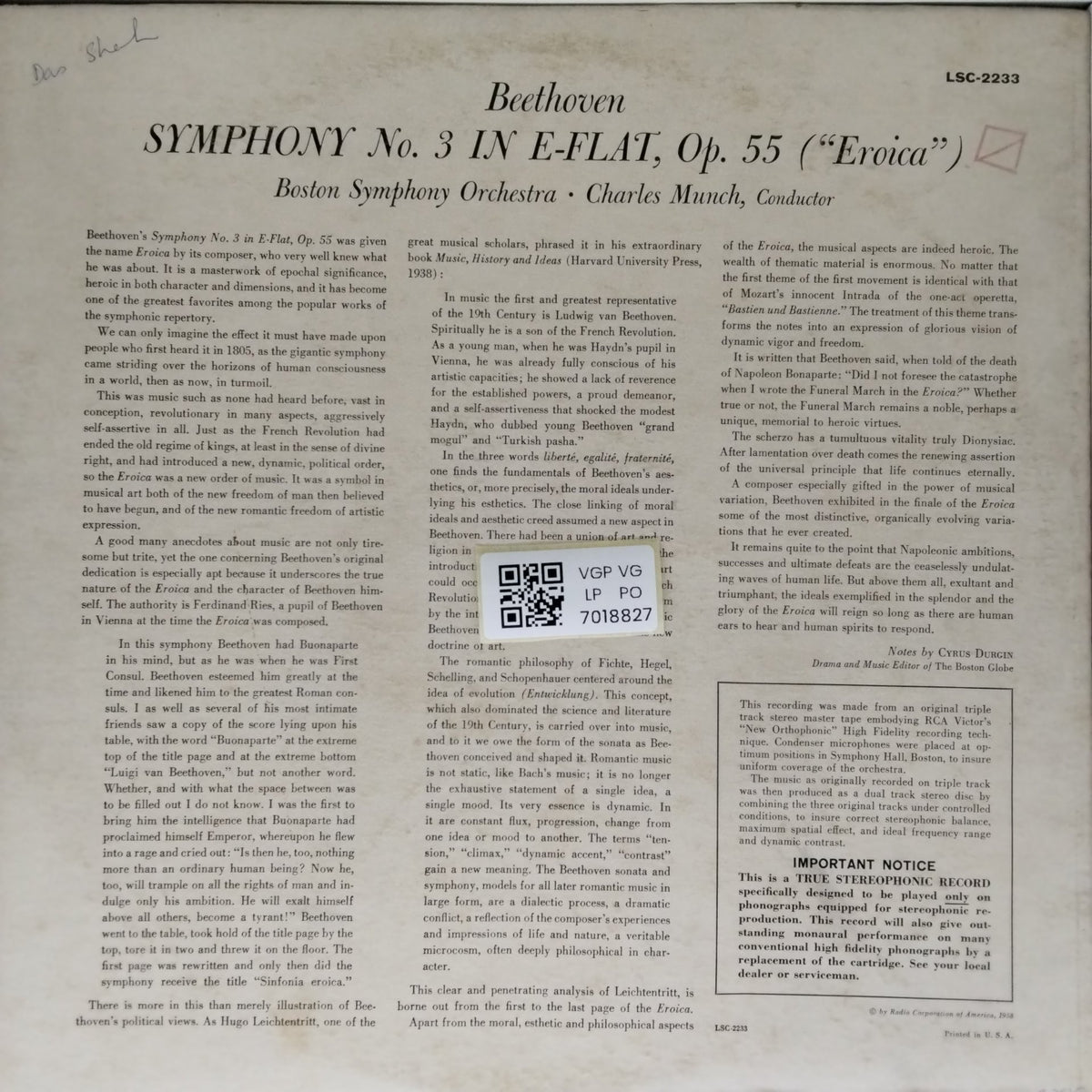 Boston Symphony Orchestra, Charles Munch - Beethoven Eroica Symphony (Vinyl)