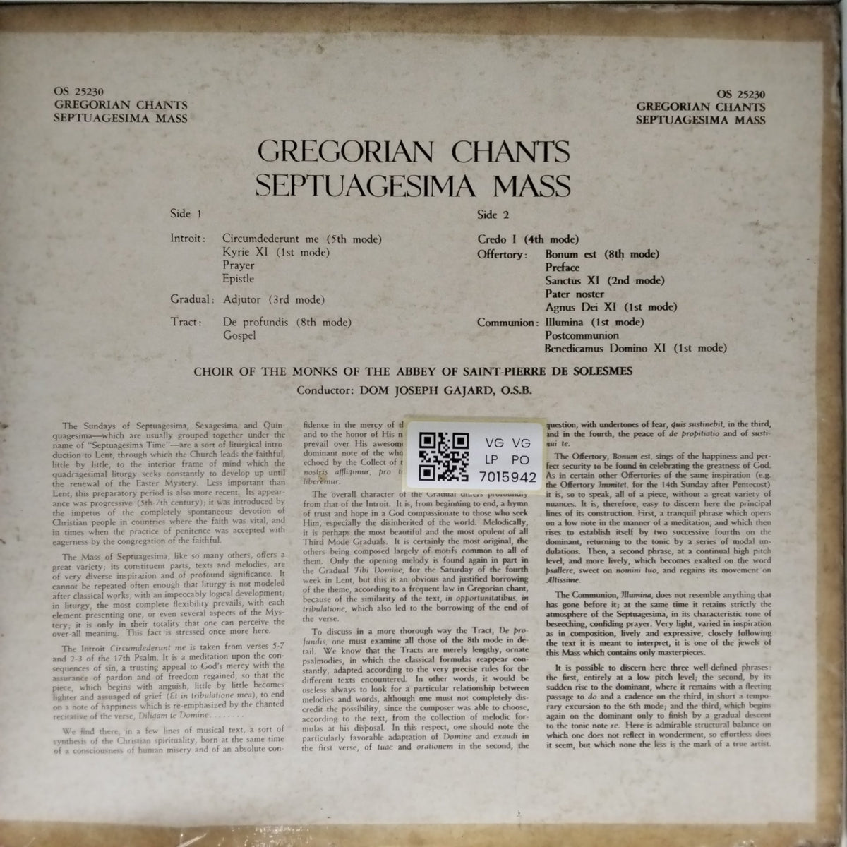 Choir of the Monks of the Abbey Saint Pierre de Solesmes - Gregorian Chants Septuagesima (Vinyl)