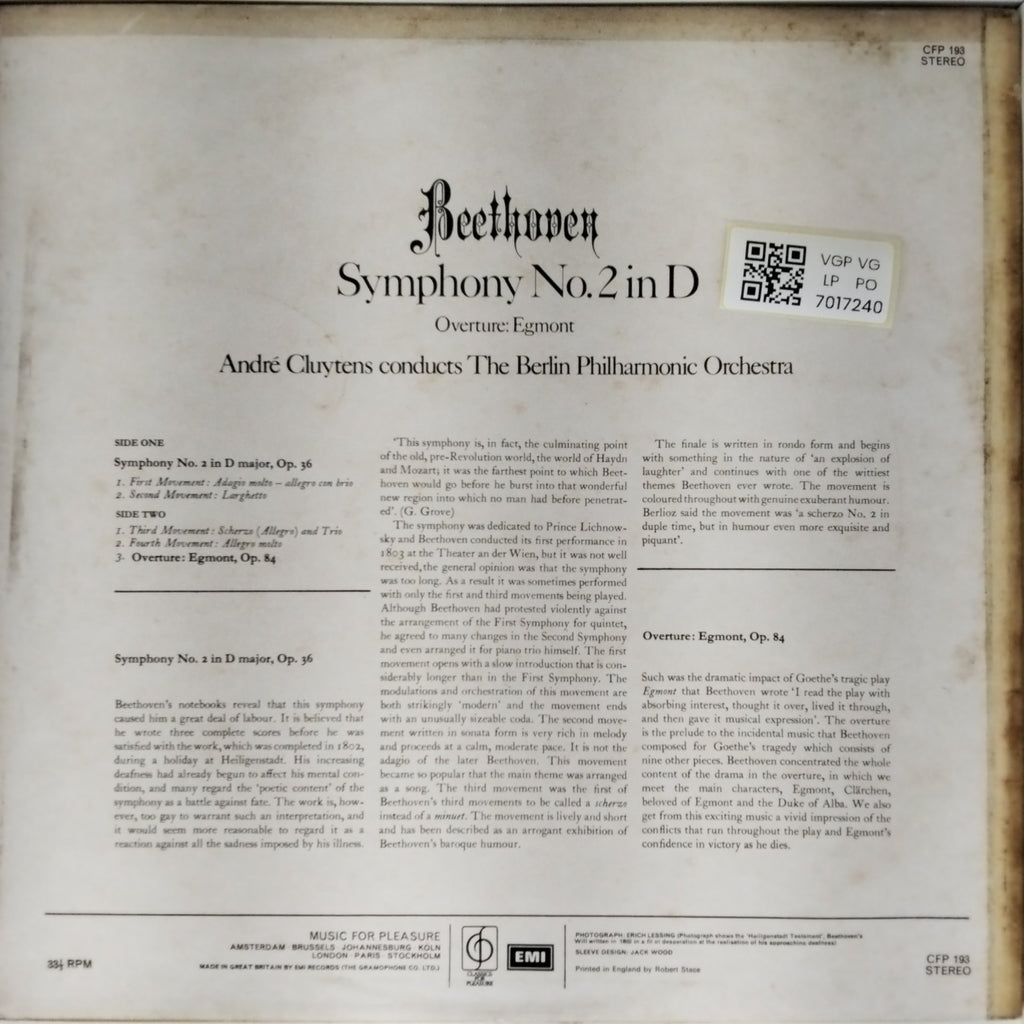 André Cluytens, The Berlin Philharmonic Orchestra - Symphony No. 2 in D, Overture: Egmont (Vinyl)