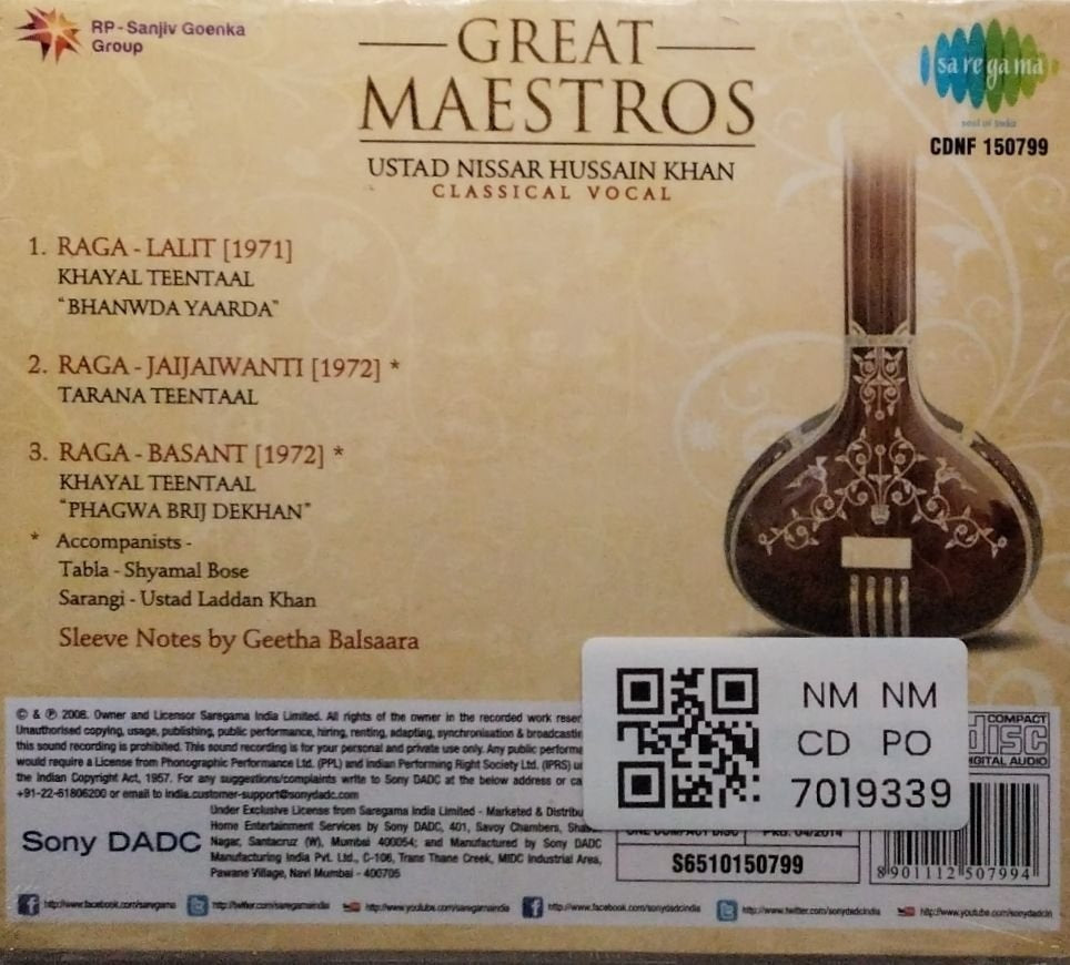 Ustad Nissar Hussain Khan - Great Maestros (CD)