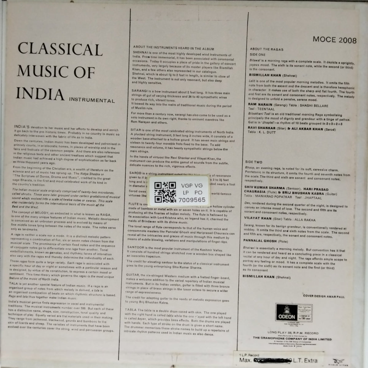 Bismillah Khan, Ravi Shankar, Ali Akbar Khan, Shiv Kumar Sharma, Hari Prasad Chaurasia, Ravi Bushan Kara, Vilayat Khan, Pannalal Ghosh - Classical Music of India (Vinyl)