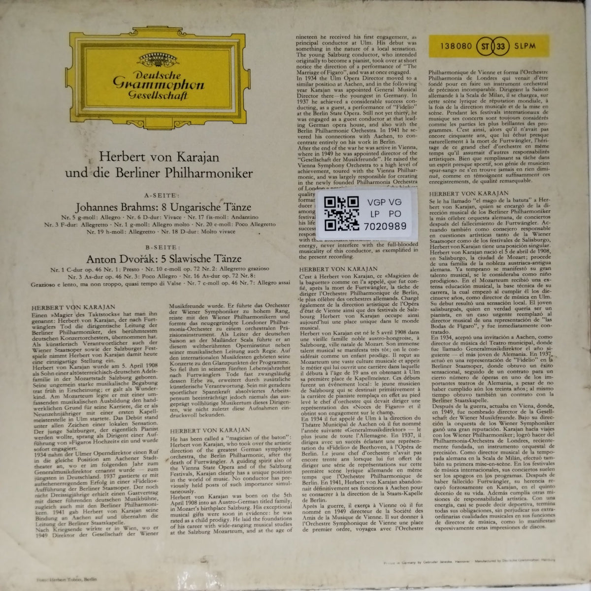 Johannes Brahms, Anton Dvorak, Berliner Philharmoniker, Herbert von Karajan - 8 Ungarische Tänze / 5 Slawische Tänze (Vinyl)