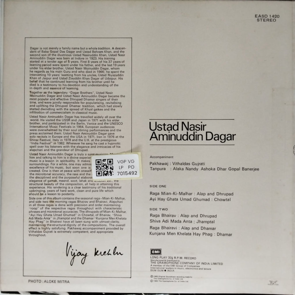 Ustad Nasir Aminuddin Dagar - Ragas: Mian-Ki-Malhar; Bhairavi; Bhairav (Vinyl)