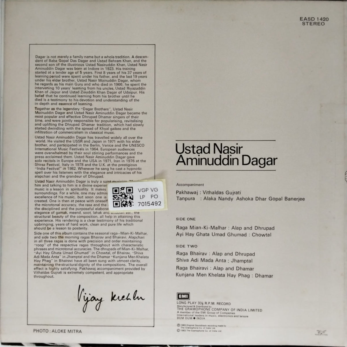 Ustad Nasir Aminuddin Dagar - Ragas: Mian-Ki-Malhar; Bhairavi; Bhairav (Vinyl)