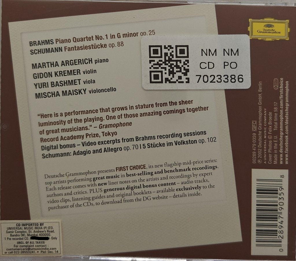 Martha Argerich, Gidon Kremer, Yuri Bashmet, Mischa Maisky - Brahms: Klavierquartett op.25 • Schumann: Fantasiestücke op.88 (CD)