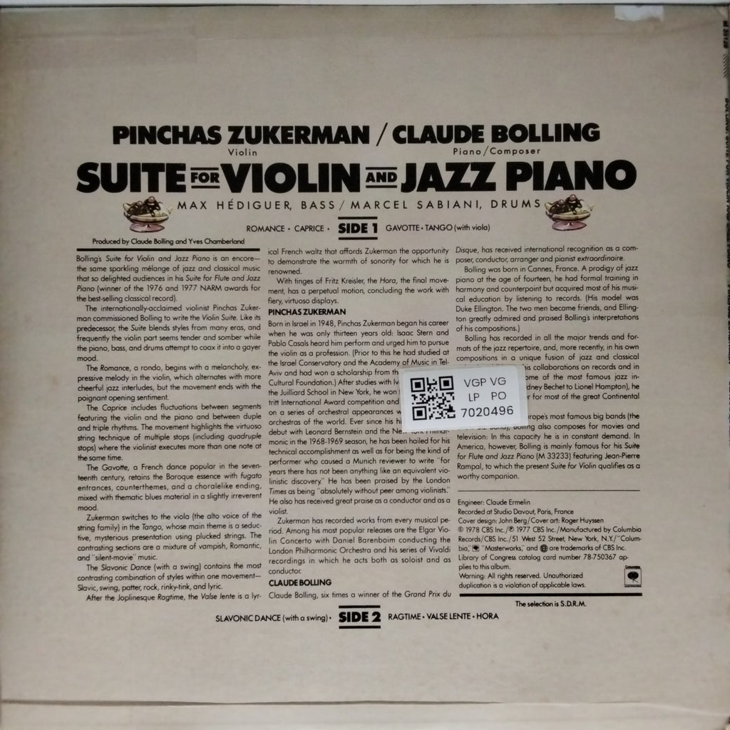 Pinchas Zukerman, Claude Bolling - Suite for Violin and Jazz Piano (Vinyl)