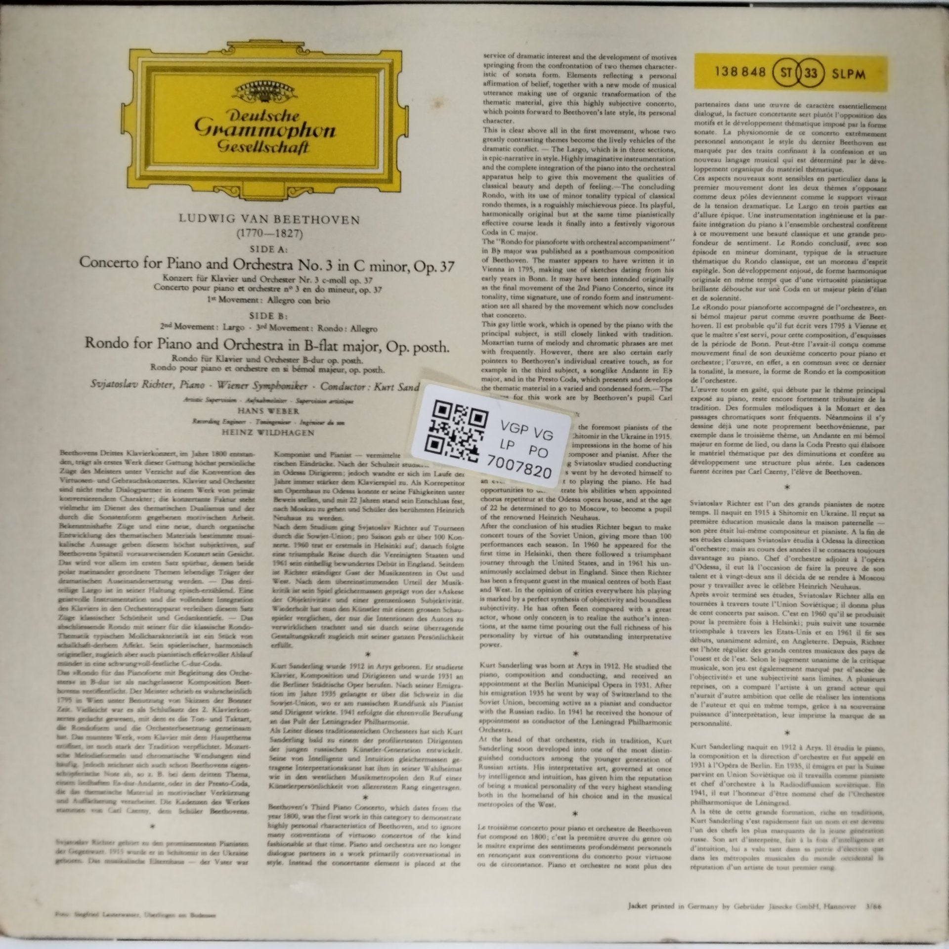 Svjatoslav Richter - Piano Concerto No. 3 C minor (Vinyl)