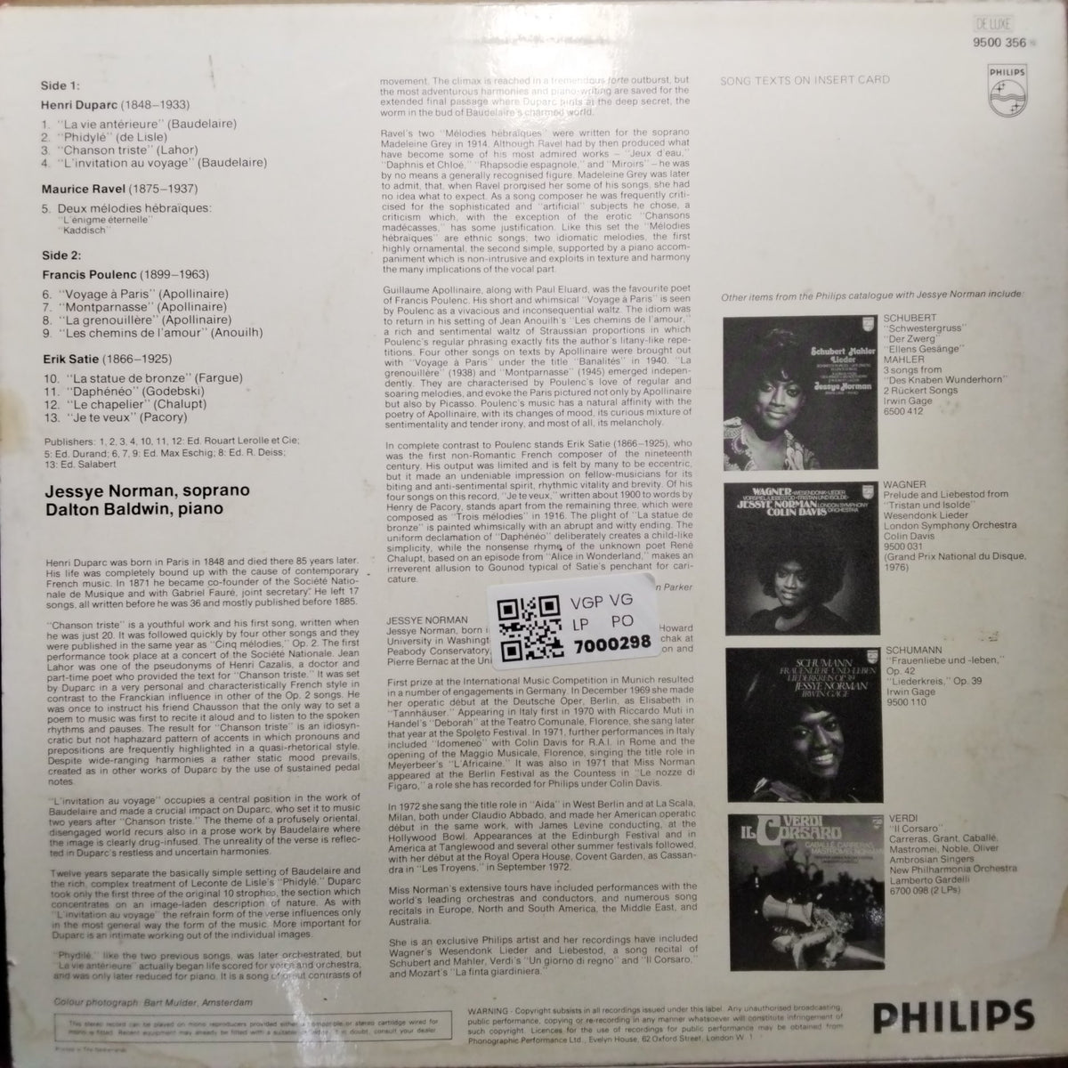 Jessye Norman, Dalton Baldwin - Jessye Norman Sings Duparc / Ravel / Poulenc / Satie (Vinyl)