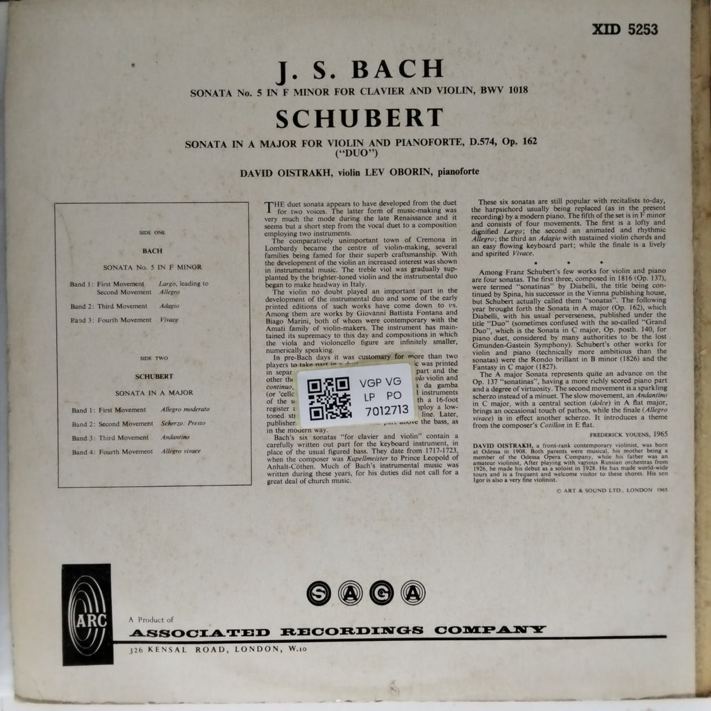David Oistrakh, Lev Oborin - Plays J.S. Bach Sonata No.5 in F minor for Violin & Clavier / Franz Schubert Sonata in A Major for Violin & Pianoforte (Vinyl)