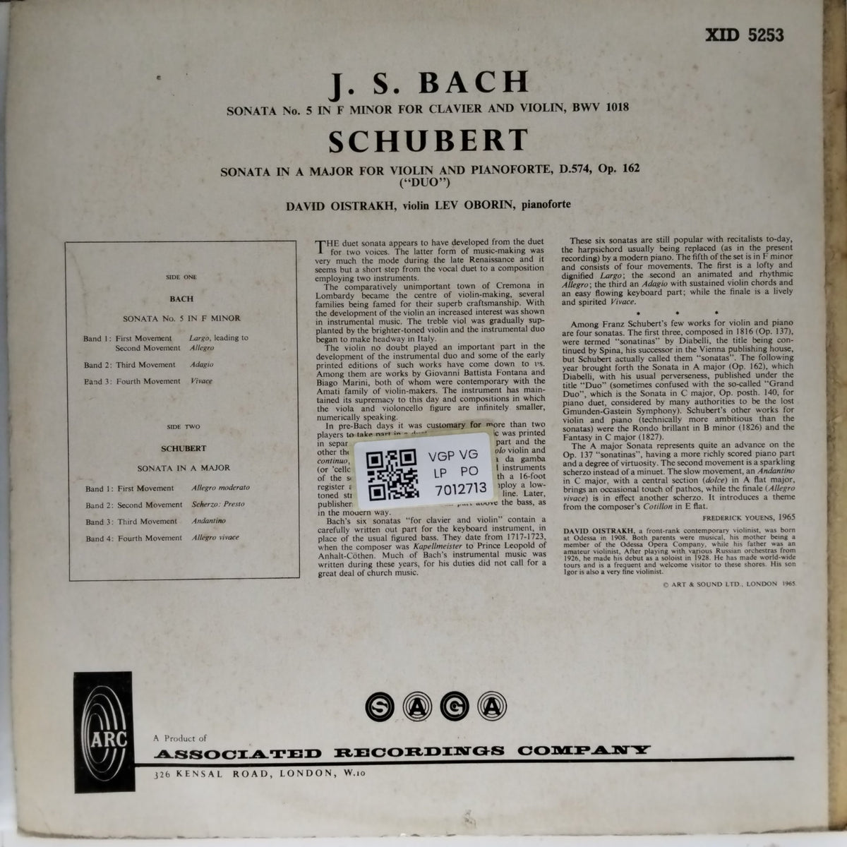 David Oistrakh, Lev Oborin - Plays J.S. Bach Sonata No.5 in F minor for Violin & Clavier / Franz Schubert Sonata in A Major for Violin & Pianoforte (Vinyl)