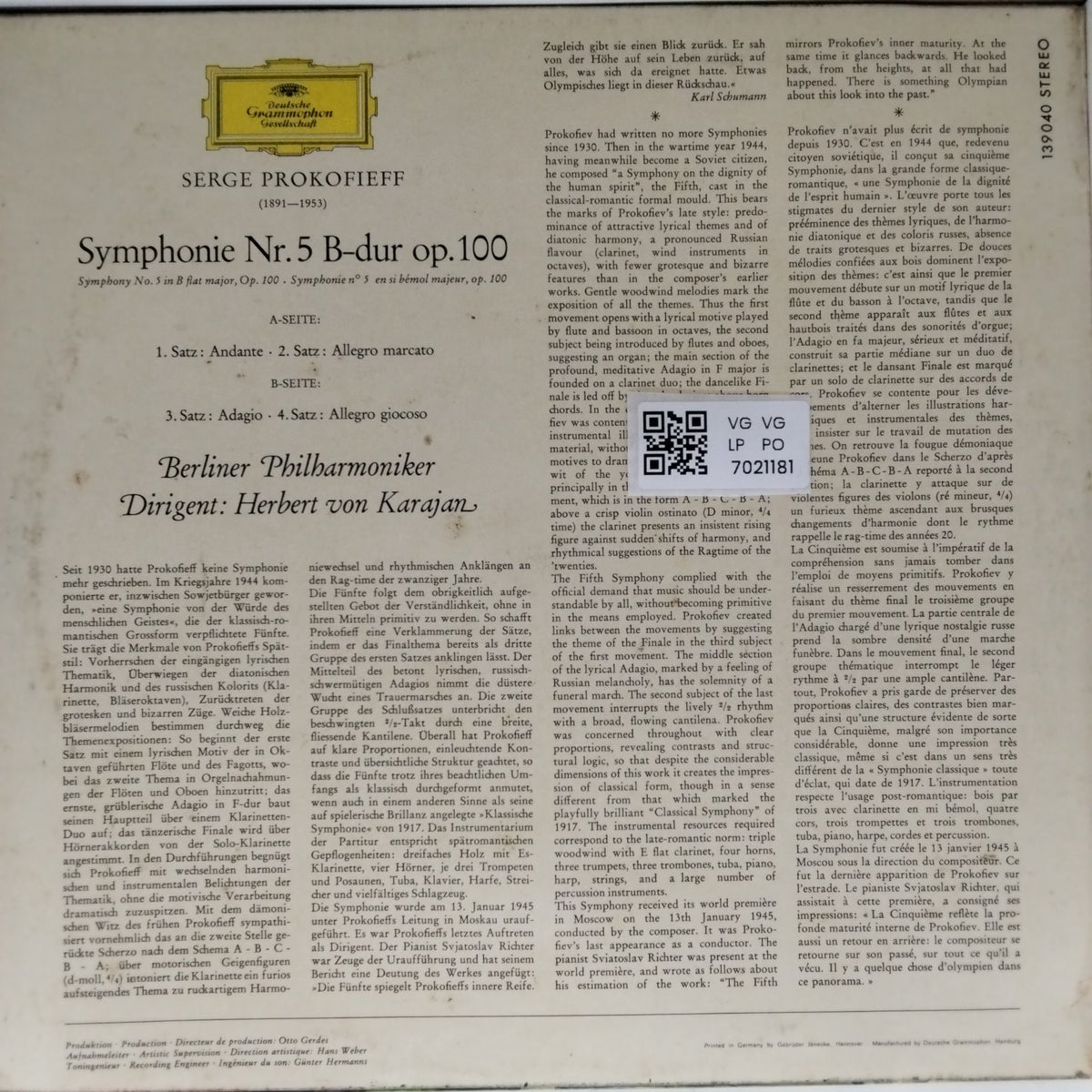 Serge Prokofieff, Berliner Philharmoniker, Herbert von Karajan - Symphonie Nr. 5 B-Dur Op. 100 (Vinyl)
