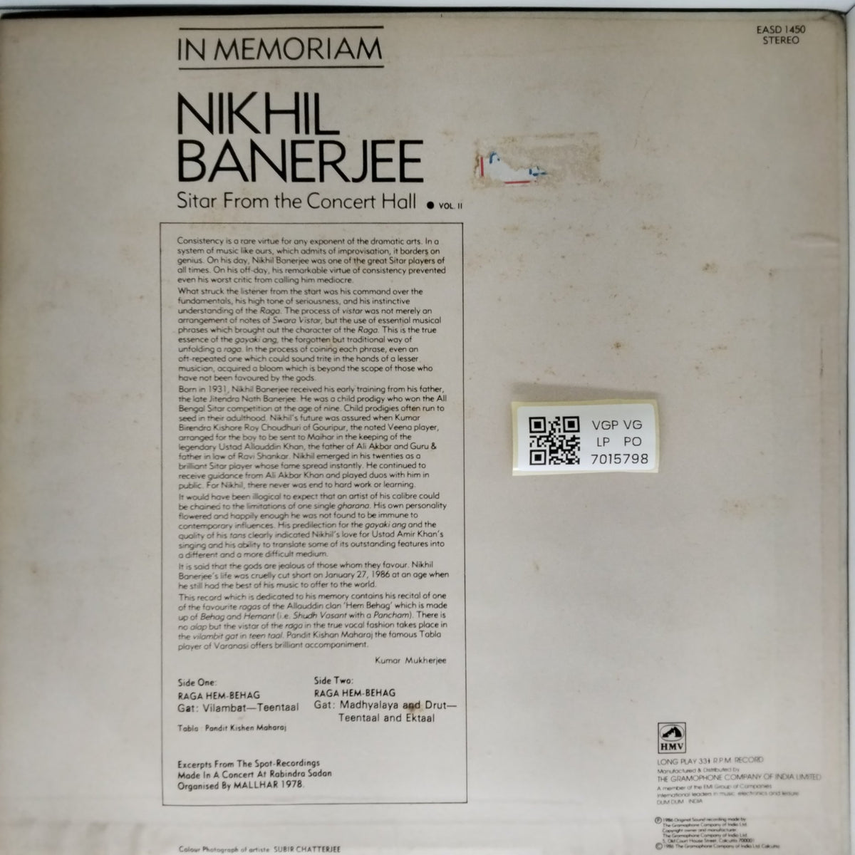 Nikhil Banerjee - In Memoriam: Sitar From the Concert Hall - Vol. II (Vinyl)