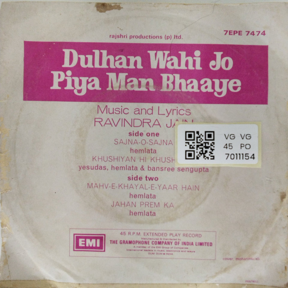 Ravindra Jain - Dulhan Wahi Jo Piya Man Bhaaye (45-RPM)