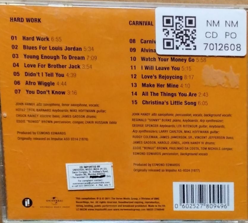 John Handy - Hard Work + Carnival (CD)