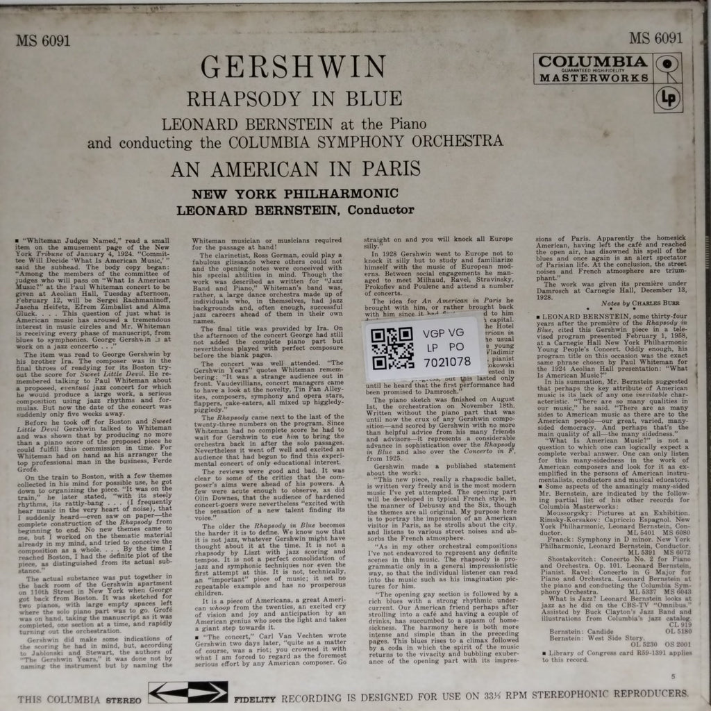 Leonard Bernstein, New York Philharmonic, Columbia Symphony Orchestra - Rhapsody in Blue / An American in Paris (Vinyl)