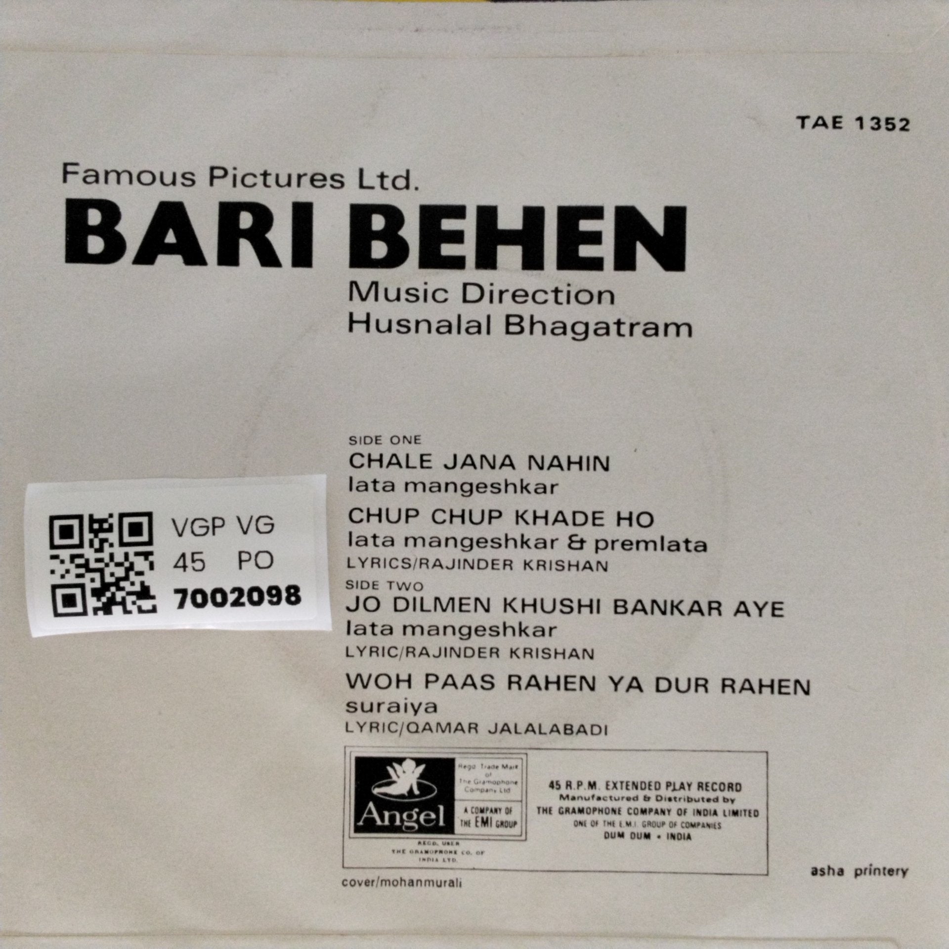 Husnalal Bhagatram - Bari Behen (45-RPM)