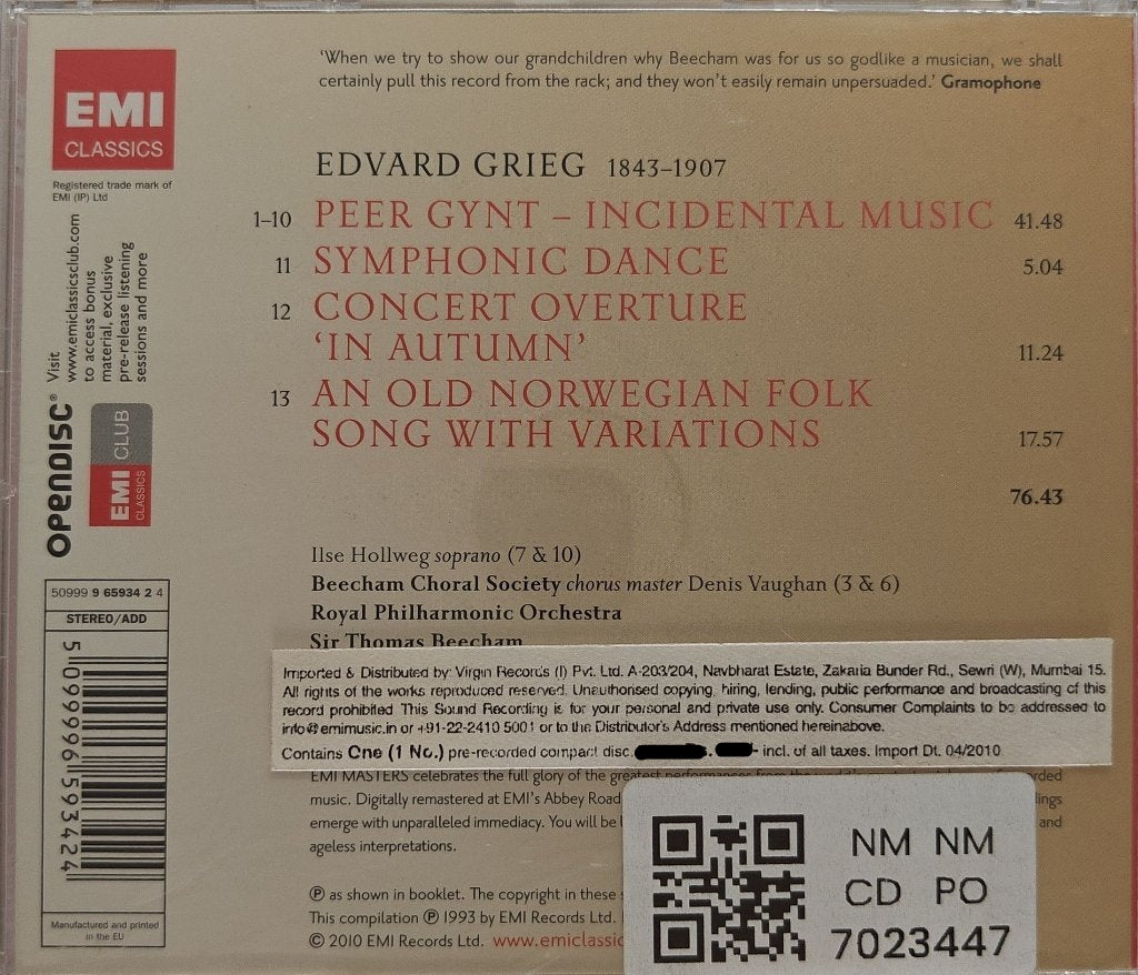 Sir Thomas Beecham, Royal Philharmonic Orchestra - Peer Gynt Orchestral Works (CD)