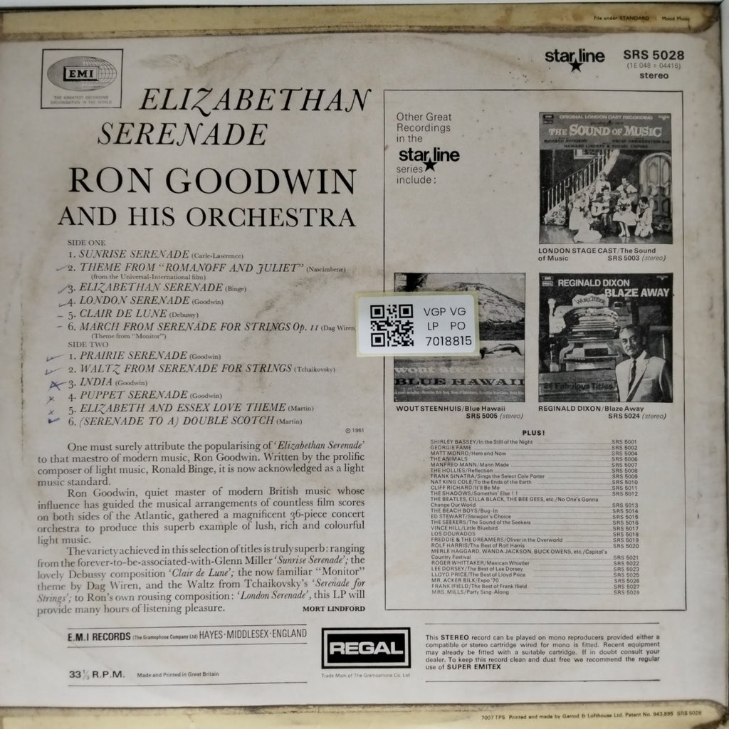 Ron Goodwin and His Orchestra - Elizabethan Serenade (Vinyl)