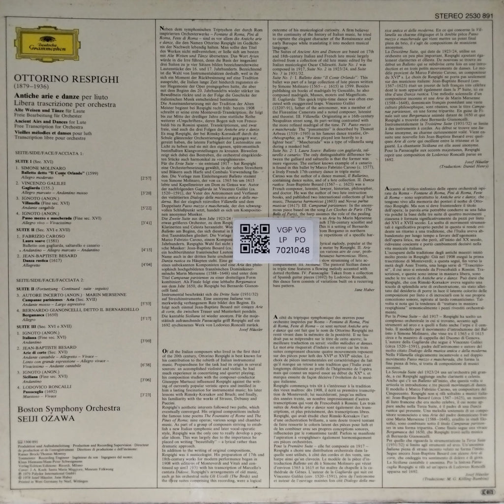 Ottorino Respighi, Boston Symphony Orchestra, Seiji Ozawa - Antiche arie e danze (Ancient Airs and Dances) (Vinyl)