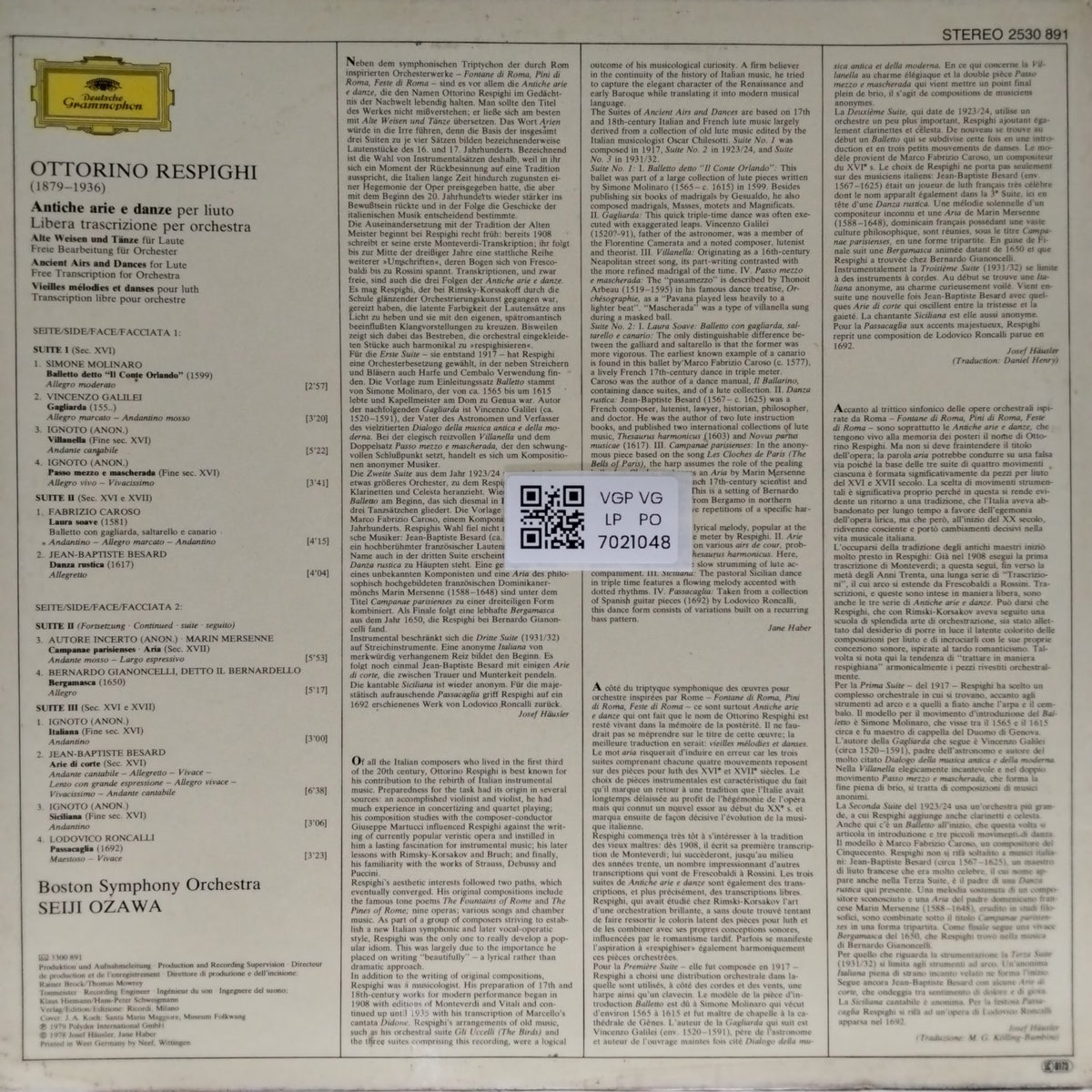 Ottorino Respighi, Boston Symphony Orchestra, Seiji Ozawa - Antiche arie e danze (Ancient Airs and Dances) (Vinyl)