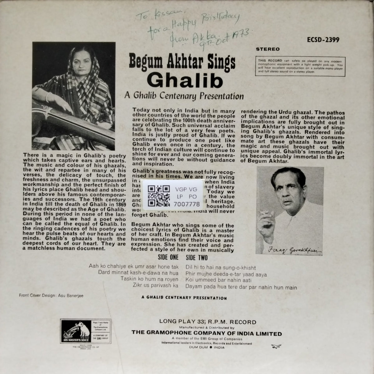 Begum Akhtar - Begum Akhtar Sings Ghalib (Vinyl)