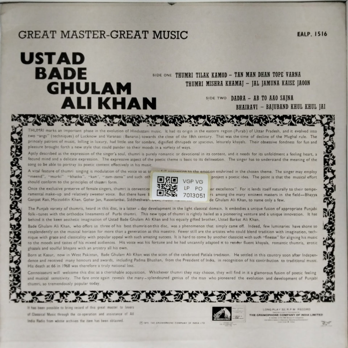 Ustad Bade Ghulam Ali Khan - Sings Thumris (Vinyl)