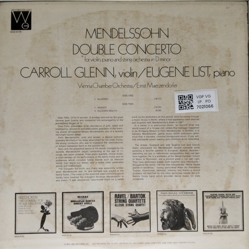 Carroll Glenn, Eugene List, Vienna Chamber Orchestra, Ernst Maerzendorfer - Mendelssohn Double Concerto (Vinyl)