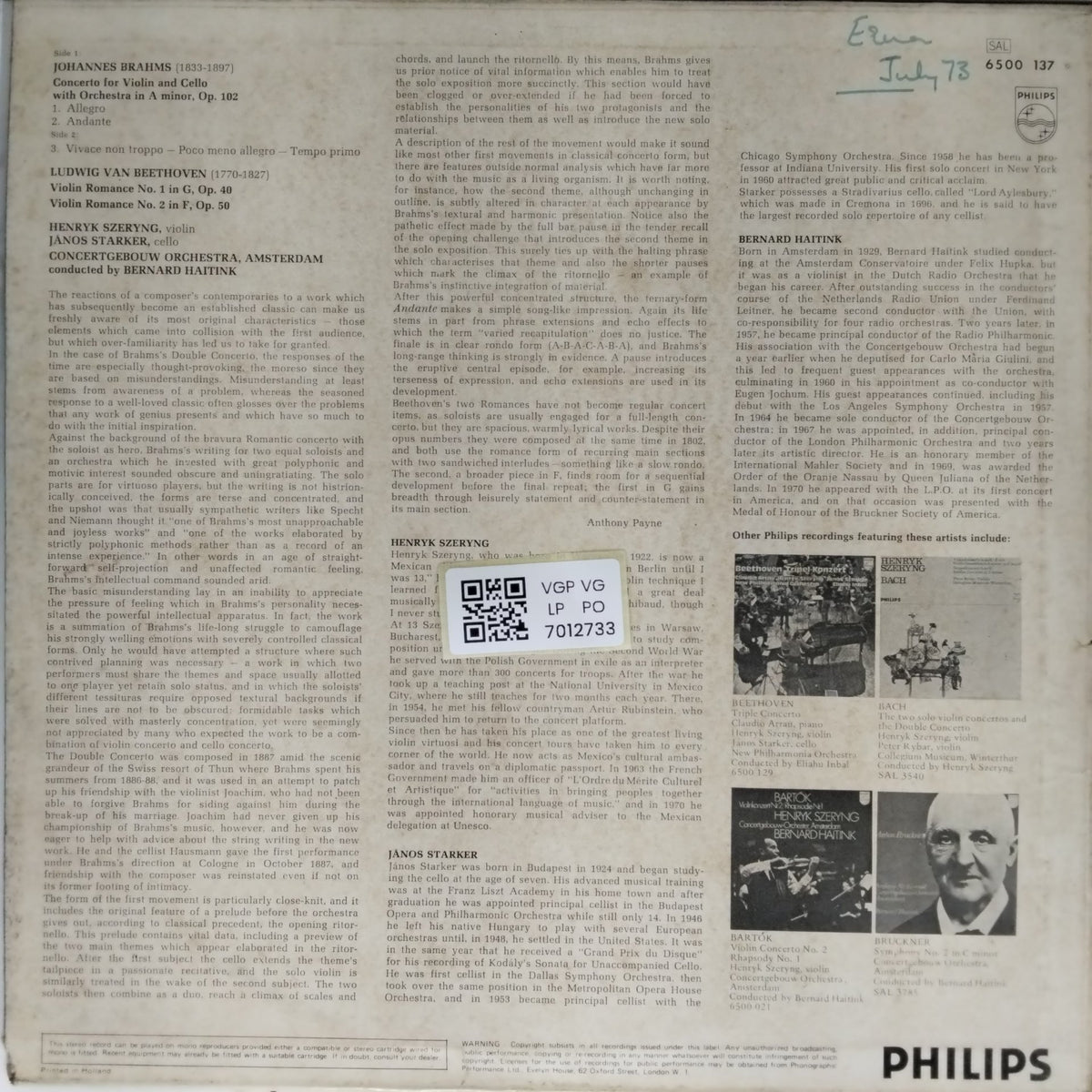 Henryk Szeryng, János Starker, Concertgebouw Orchestra, Amsterdam, Bernard Haitink - Double Concerto, The Violin Romances (Vinyl)