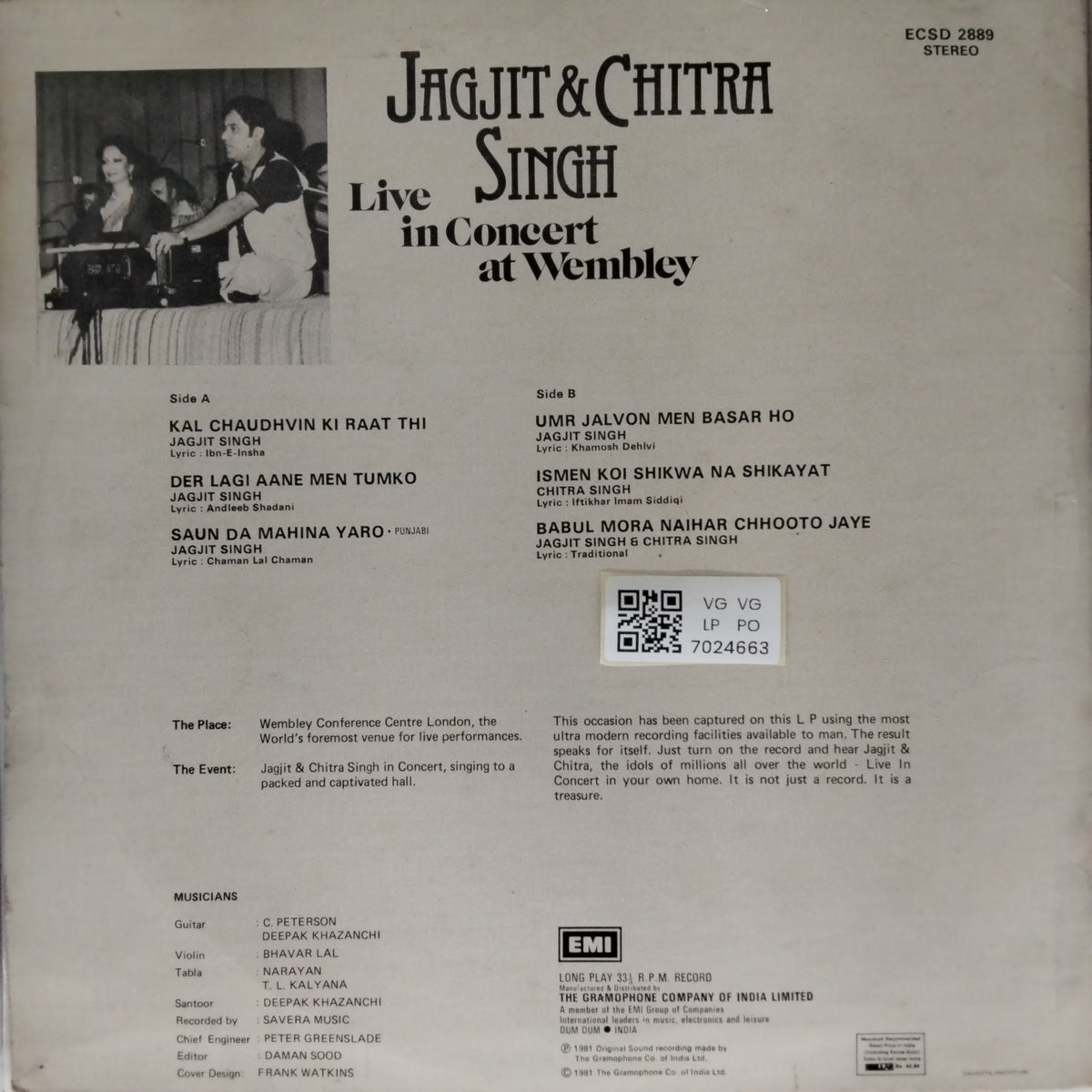 Jagjit Singh, Chitra Singh - Live in Concert at Wembley (Vinyl)