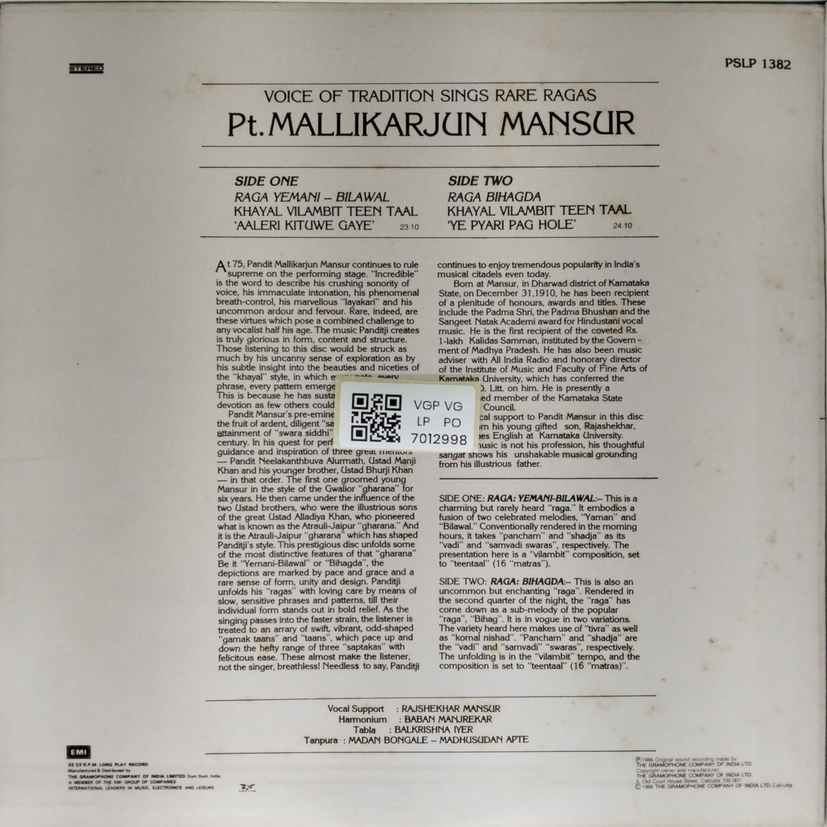 Pt. Mallikarjun Mansur - Raga Yemani - Bilawal • Raga Bihagda (Vinyl)
