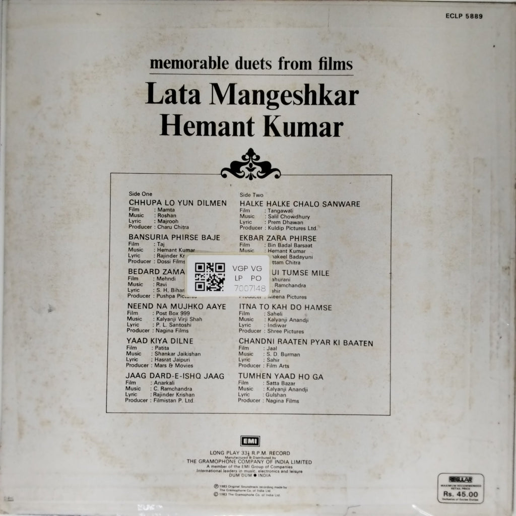 Lata Mangeshkar, Hemant Kumar - Memorable Duets from Films (Vinyl)