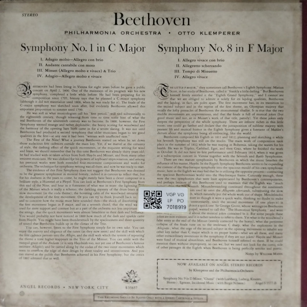 Otto Klemperer, Philharmonia Orchestra - Beethoven: Symphony No. 8 & Symphony No. 1 (Vinyl)