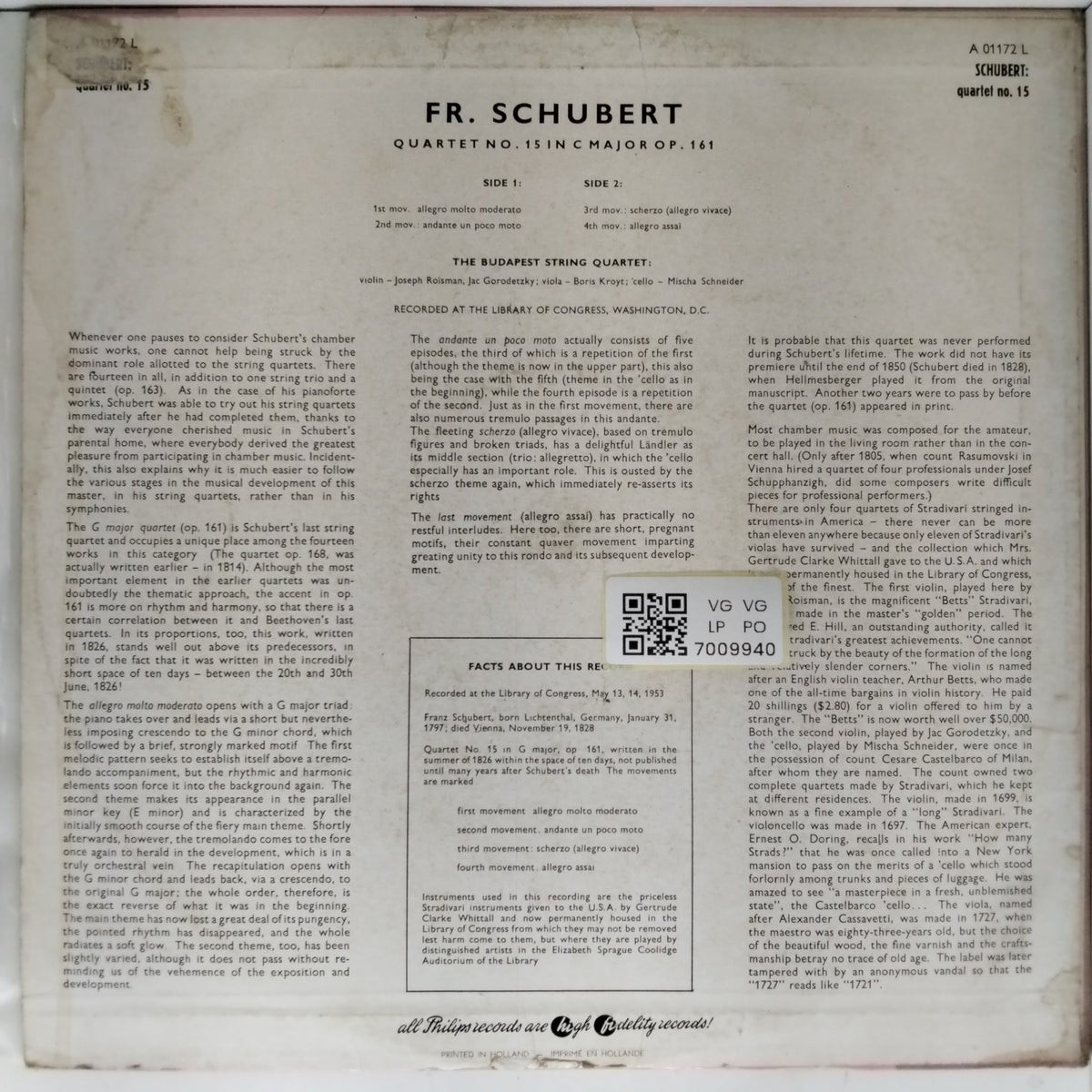 The Budapest String Quartet - Quartet No. 15 in C Major op. 161 (Vinyl)