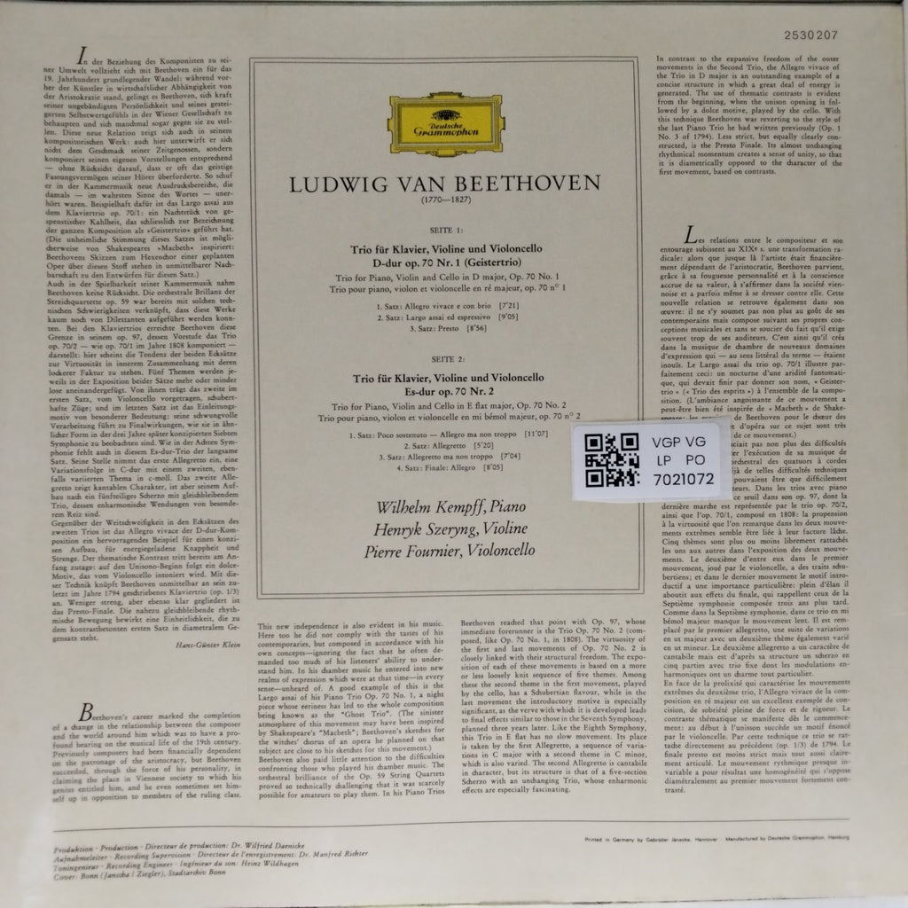 Ludwig van Beethoven, Wilhelm Kempff, Henryk Szeryng, Pierre Fournier - Klaviertrios Op. 70, Nr. 1 (Geistertrio) und Nr. 2 (Vinyl)