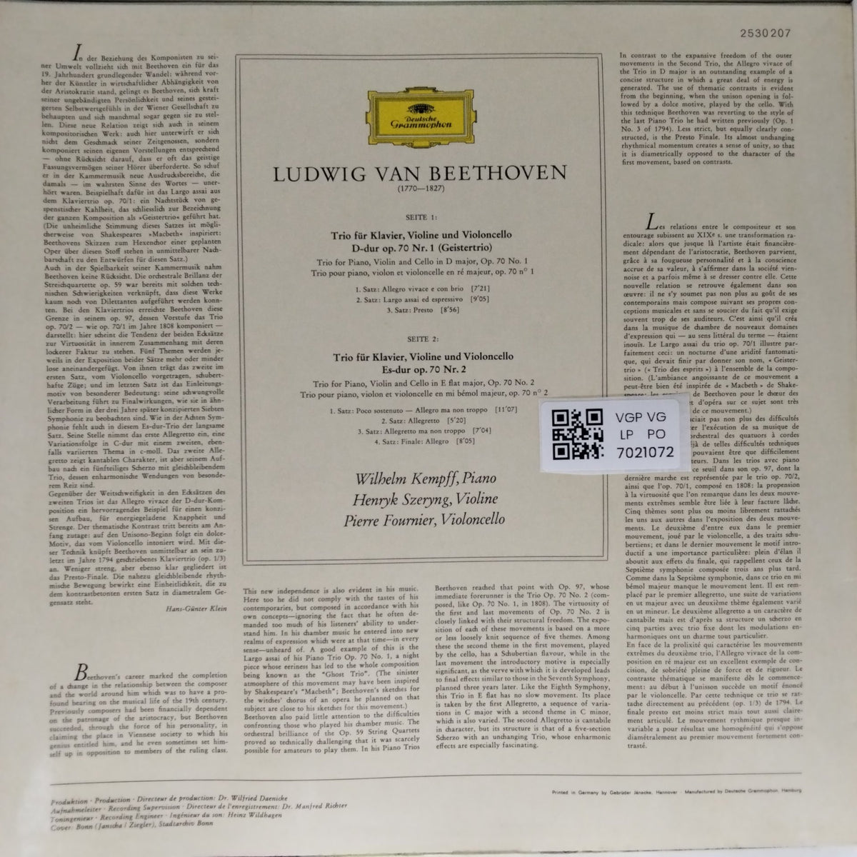 Ludwig van Beethoven, Wilhelm Kempff, Henryk Szeryng, Pierre Fournier - Klaviertrios Op. 70, Nr. 1 (Geistertrio) und Nr. 2 (Vinyl)