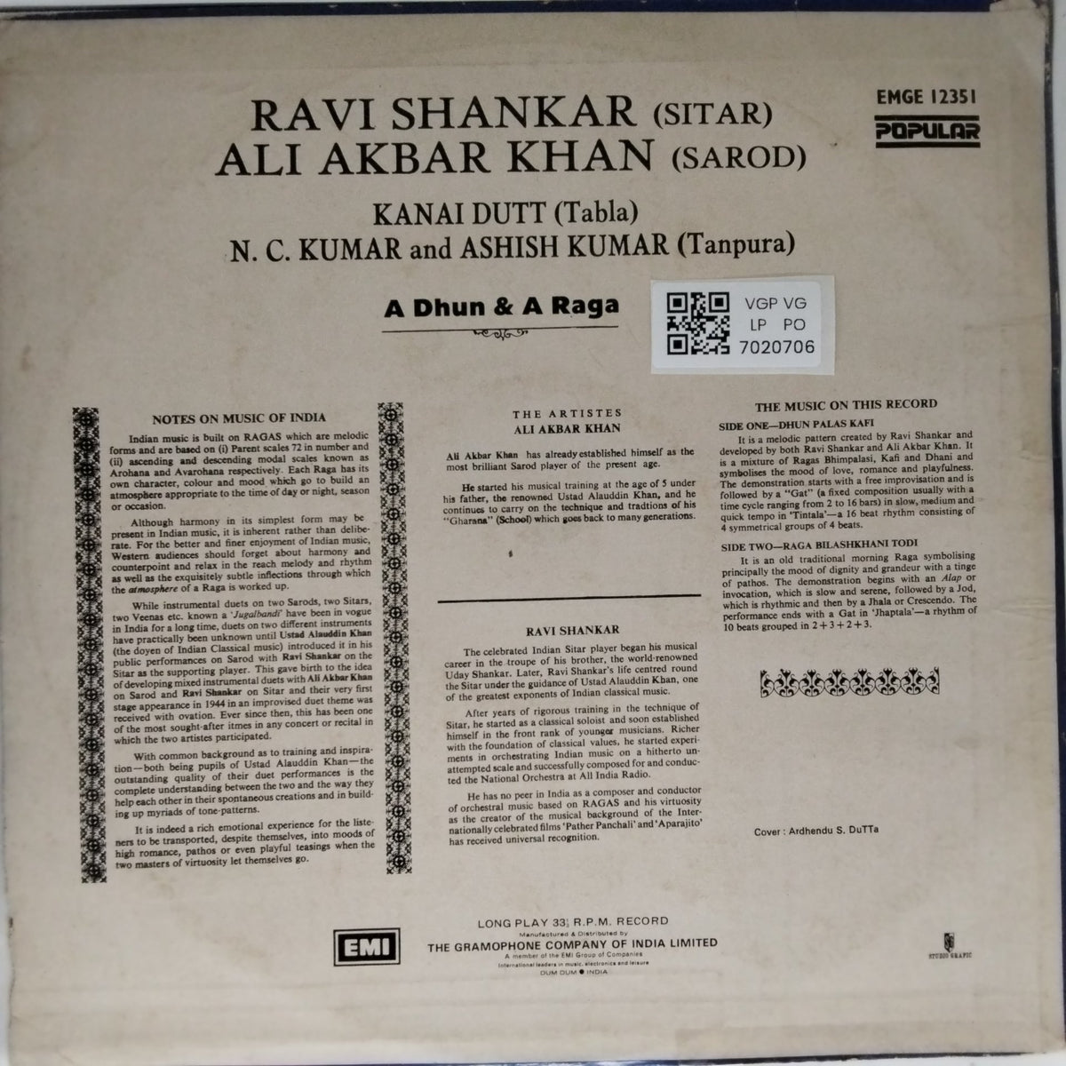 Ravi Shankar, Ali Akbar Khan - Dhun Palas Kafi / Raga Bilashkhani Todi (Vinyl)