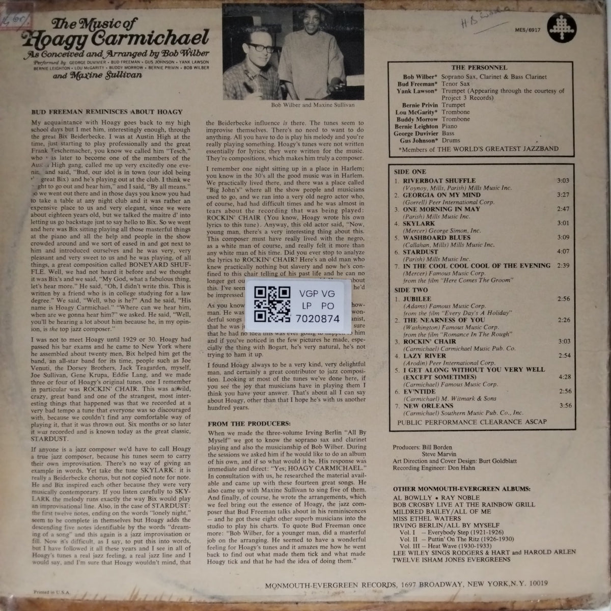Bob Wilber, Maxine Sullivan - The Music of Hoagy Carmichael (Vinyl)