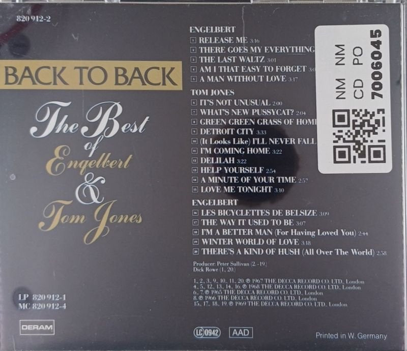 Engelbert Humperdinck, Tom Jones - Back to Back: The Best of Engelbert & Tom Jones (CD)