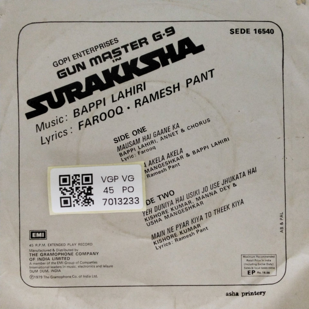 Bappi Lahiri - Gun Master G-9 in Surakksha (45-RPM)