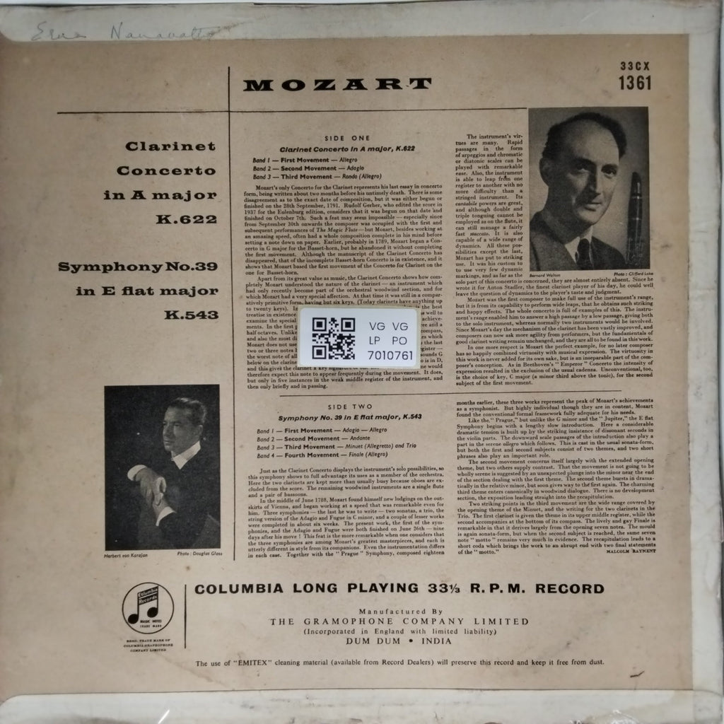 Wolfgang Amadeus Mozart - Symphony No. 39 in E flat major / Clarinet Concerto in A major (Vinyl)