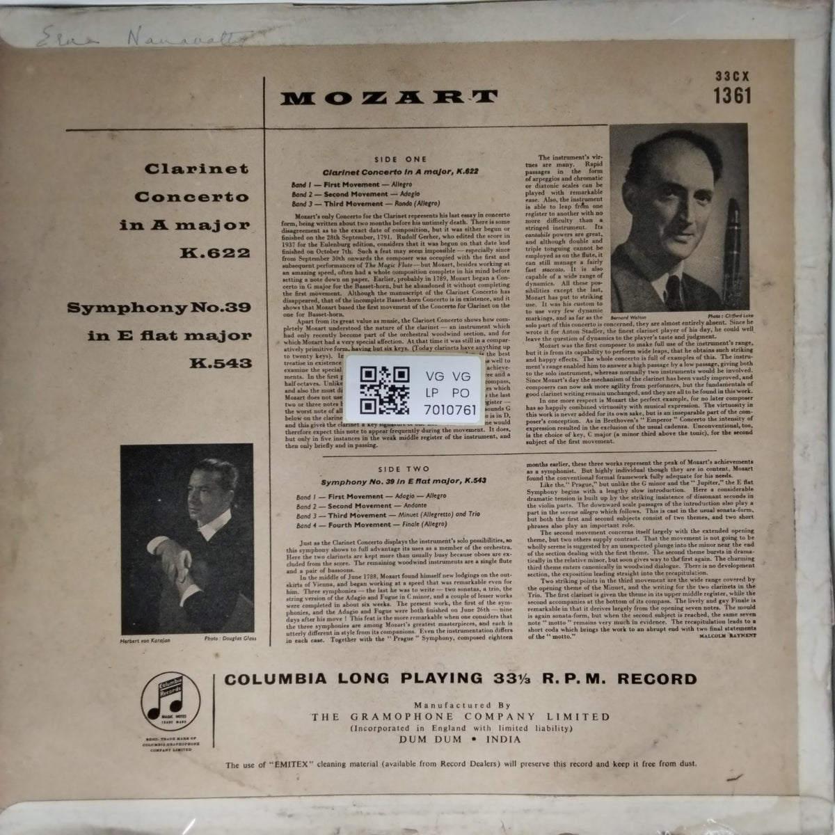 Wolfgang Amadeus Mozart - Symphony No. 39 in E flat major / Clarinet Concerto in A major (Vinyl)